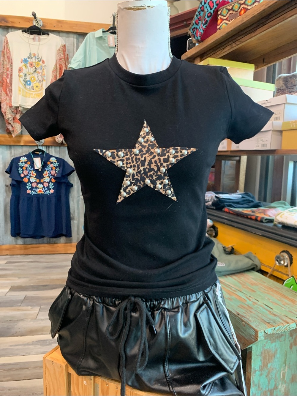 #145 POPVIBE Black Short Sleeve Tee with Leopard Star and Studs